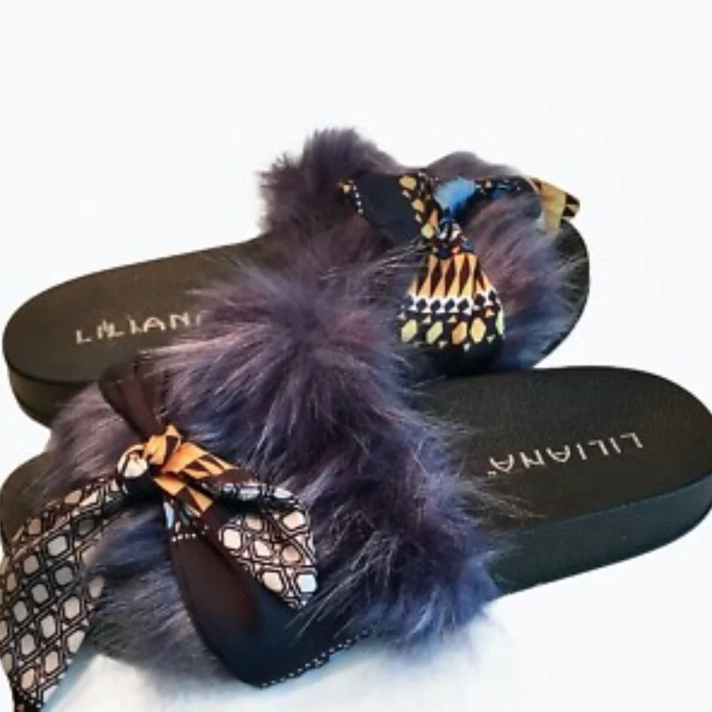 Liliana‎ Womens Faux Fur Slides Slippers Size 6.5 Blue Slip On Casual Sandals